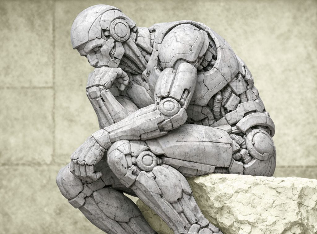 Futuristic robot modeled after a classical thinker pauses in reflection as machines gain new decision-making power.