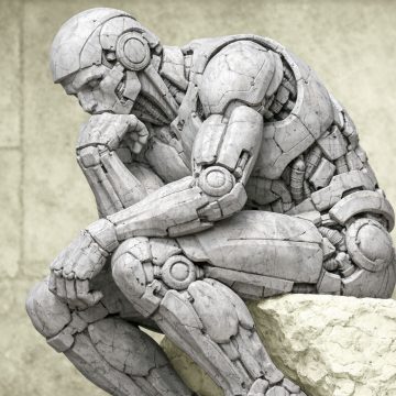 Futuristic robot modeled after a classical thinker pauses in reflection as machines gain new decision-making power. Futuristic robot modeled after a classical thinker pauses in reflection as machines gain new decision-making power.
