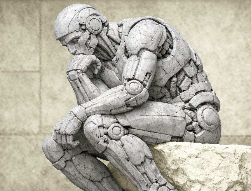 Futuristic robot modeled after a classical thinker pauses in reflection as machines gain new decision-making power. Futuristic robot modeled after a classical thinker pauses in reflection as machines gain new decision-making power.