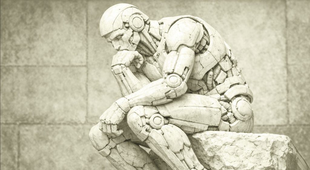 Futuristic robot modeled after a classical thinker pauses in reflection as machines gain new decision-making power.