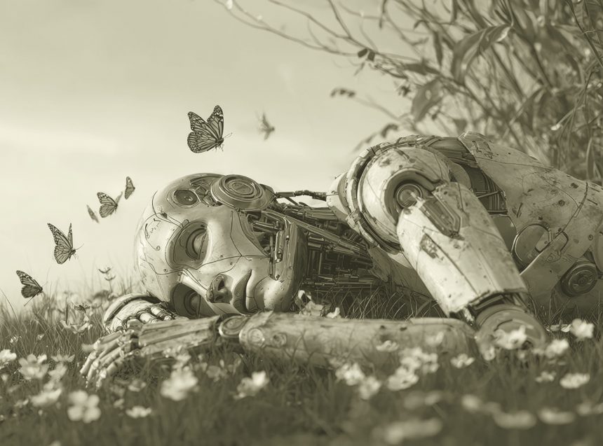 Humanoid robot lies motionless in a flowered field as butterflies hover nearby, evoking a sudden AI shutdown. Humanoid robot lies motionless in a flowered field as butterflies hover nearby, evoking a sudden AI shutdown.