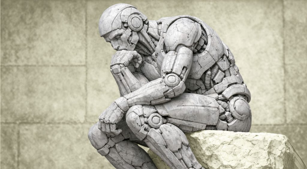 Futuristic robot modeled after a classical thinker pauses in reflection as machines gain new decision-making power.